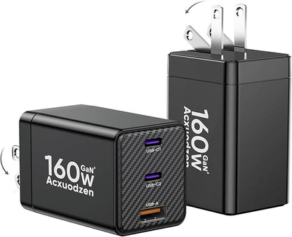 [2 Pack] USB C Charger Block 160W, 3-Port GaN Super Fast Charger, Dual 65W Type C Charging Block, Foldable QC3.0 Laptop Fast Charging Adapter for MacBook, iPhone, Samsung, Galaxy, iPad, Android, Black