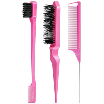 3 Pieces Hair Styling Comb Set Teasing Brush Rat Tail Comb Edge Brush for Edge&Back Brushing, Combing, Slicking Hair for Women (Pink)