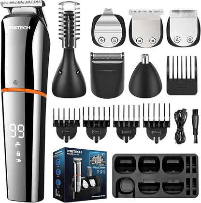 PRITECH Beard Trimmer for Men,6 in 1 Hair Clippers Kit, Precision Cordless Grooming Kit Waterproof IPX6 for Beard, Hair, Body, Nose, Ear, with Foil Razor (Silver)