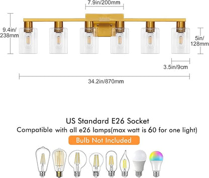 6 Light Bathroom Light Fixtures, Large Gold Bathroom Vanity Light with Clear Glass Shade, Brushed Brass Gold Bathroom Lighting Fixtures Over Mirror, Modern Wall Scones for Bedroom Living Room
