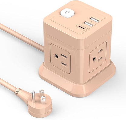 Cube Power Strip, FDTEK 4 Widely Spaced Outlet with 3 USB (1 USB C) Flat Plug Power Strips with Long Extension Cords Space Save Compact Portable for Travel Home Office Cruise (Pink)