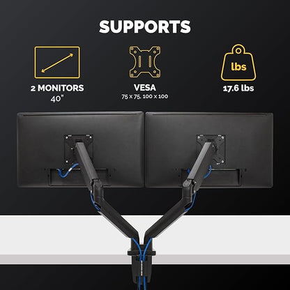 Fellowes Platinum Series Dual Monitor Arm for 40-Inch Monitors, Full Motion, 360° Rotation, VESA Mount with Grommet or Clamp, USB Ports, Ergonomic, Black, 8042501