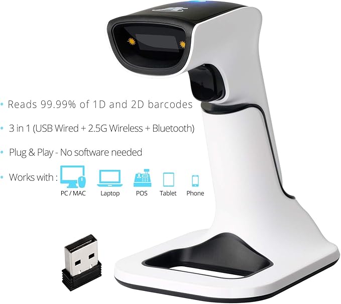 ScanAvenger Wireless Portable 1D&2D with Stand Bluetooth Barcode Scanner: 3-in-1 Handheld Scanner, Rechargeable Battery for Inventory - USB Bar Code/QR Reader (1D&2D with Next Gen Stand)