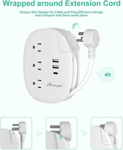 Alitayee USB C Travel Power Strip,Portable Power Strip with 3 Outlets 3 USB Ports Fast Charge, USB Extension Cord with Flat Plug and 4ft Wrapped Around Extension Cord for Cruise Travel Home Office