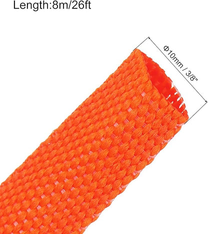 MECCANIXITY Braided Cable Sleeves Heat Shrinkable Fabric Sleeving, 3/8" 26ft Orange 2:1 Ratio Heat Shrinkable Cord Protector for Harness Cable, Network Cable Protection, Cable Management