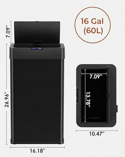 TLSUNNY 16 Gallon Motion Sensor Trash Can,Touchless Automatic Garbage Can,Brushed Stainless Steel Smart Bin,with Bag Holder,Soft Close Lid,for Kitchen,Office,RV,Bedroom,Living Room (Black, 60L)