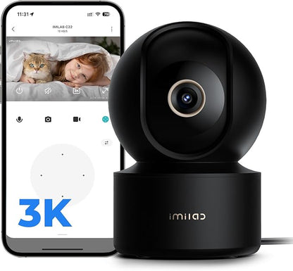 IMILAB C22 3K Security Indoor Camera - 360° View Home Camera with Color Night Vision for Baby/Pet Monitor, Plug-in 2.4Ghz WiFi 6 Inside Cam, 2-Way Audio, AI Detection, Local/Cloud Storage(Black)