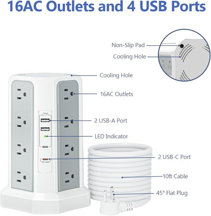 Surge Protector Power Strip Tower,10FT Long Extension Cord with Multiple Outlets 1625W 13A, Desk Charging Station with 16 Outlets and 4 USB Ports for Home, Office Desk Supplies, Dorm Room