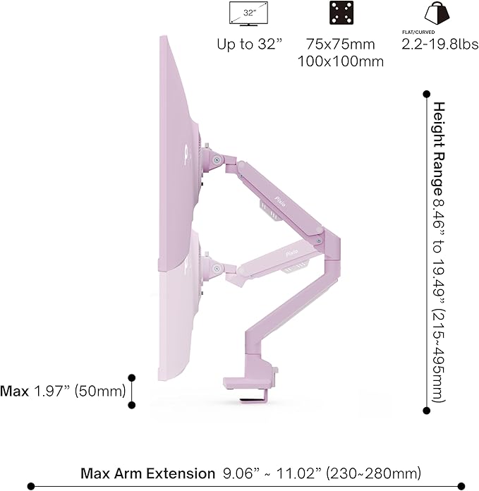 Pixio PS1S Wave Pink Single Monitor Arm Stand Desk Mount - Fits up to 32 inches Monitors and up to 19.8lbs. VESA Compatibility and Integrated Cable Management