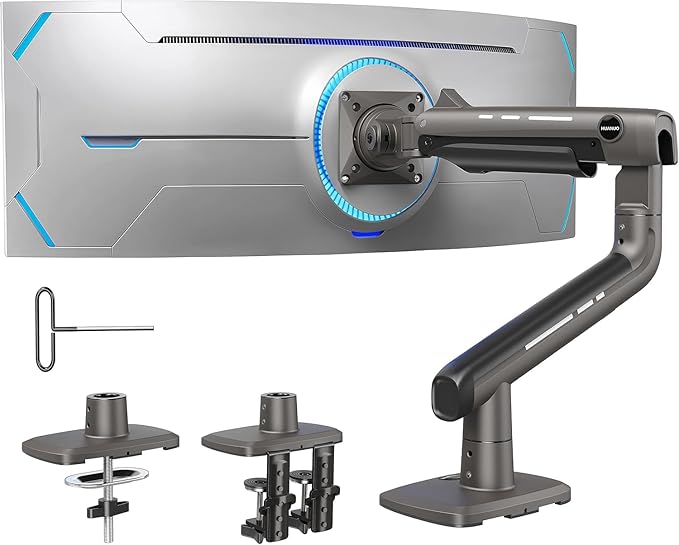 HUANUO TitanLift Heavy Duty Monitor Arm for Screens up to 49", Holds 44 lbs, Aluminum Ultrawide Screen Desk Mount, Fully Adjustable Single Gaming Monitor Mount with Dual C-Clamp, Max VESA 100x100mm