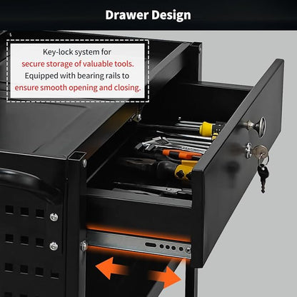 Lumizone Folding Tool Cart with Drawer and Pegboard Hooks Rolling Utility Service Cart on Wheels for Garage Organizer Foldable Power Tool Storage Heavy Duty Steel (Tool Cart with Drawer+Hooks)