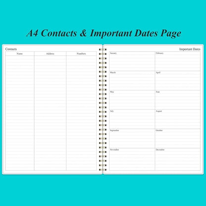 Daily Planner Undated - 8.5" x 11" To Do List Notebook Hourly Schedules, 150 Sheets/300 Pages Spiral Appointment Planner for Women and Men,PVC Hardcover, Inner Pocket, Elastic Closure, Teal Flowers