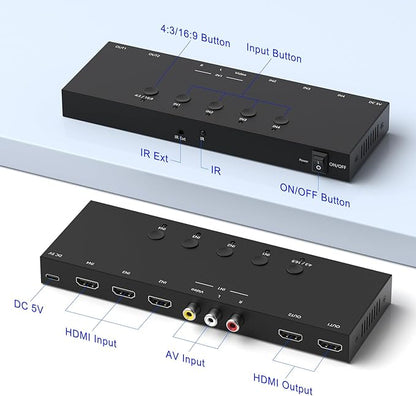 Y.D.F (3 HDMI 2.0 + 1 RCA) to 2 HDMI Converter (4 In 2 Out, 2 Outputs Can Simultaneous Display) Switcher Splitter Support 4:3/16:9 Switching for N64 NGC Wii Xbox PS2/3/4/5 Switch Apple TV Fire TV Roku