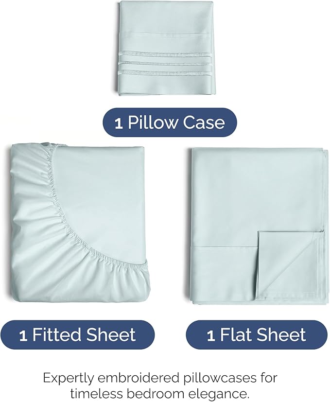 Twin Size 3 Piece Sheet Set - Comfy Breathable & Cooling Bed Sheets Set - Hotel Luxury Bedding for Women, Men, Kids, Teens, Boys & Girls - Deep Pockets, Ultra-Soft, Wrinkle Free - Oeko-Tex - Ice Blue