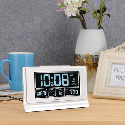 DreamSky Alarm Clocks for Bedrooms with Battery Backup, Auto Set Digital Clock with Date and Day of Week, 5 Inch Large Display with Weekday Temperature, USB Ports, Auto DST, Brightness Dimmer, 12/24H