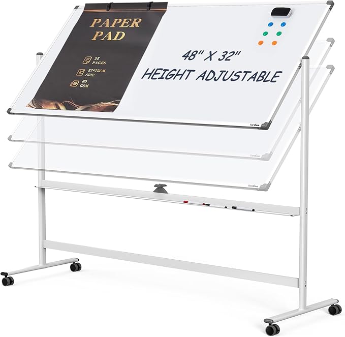 Dry Erase Whiteboard Easel on Wheels - TANKEE 48" x 32" Large Double Sided Mobile Whiteboard, Reversible Magnetic Rolling White Board for Home Office Classroom, Flip Chart Holders and Paper Pad