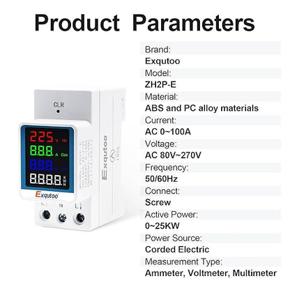 Exqutoo Multi-Function Energy Meter Color Digital Energy Meter - Measurement of AC Volts, Amps, Hertz, Watts, PF and Kilowatt-Hours - GT2P-E, AC 80~270V, 0~100A, 0~25KW, 50/60Hz, Rail-Mounted Meter