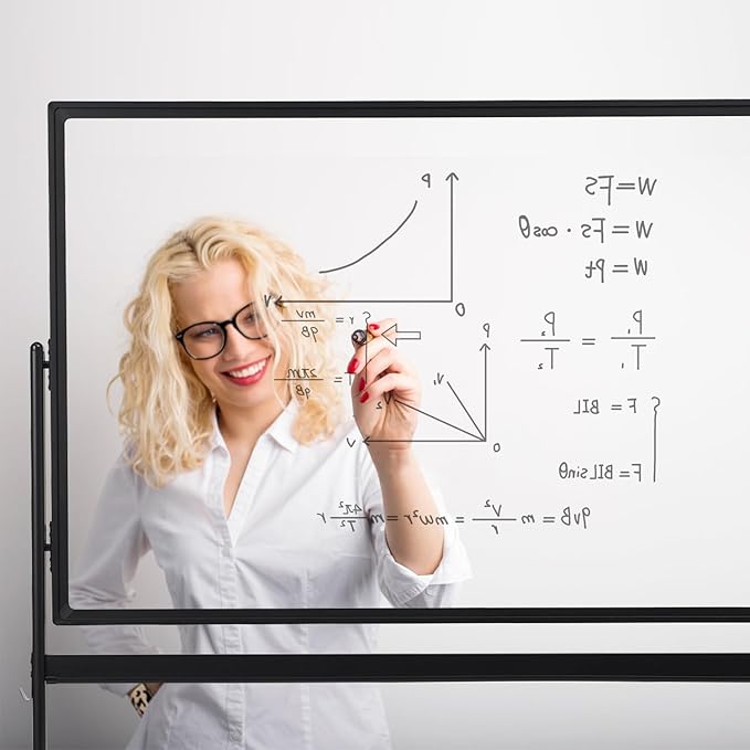 Mobile Clear Glass Whiteboard on Wheels - TANKEE 48" x 32" Dry Erase Board with Stand, Large Rolling White Board with 25 Sheets Paper Pad, Transparent Tempered Glass Board for Office Home School