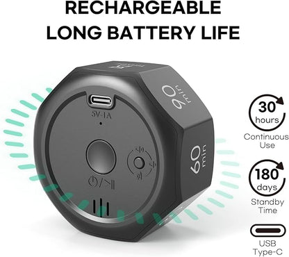 Flip Cube Pomodoro Timer - Rechargeable Visual Countdown & Count Up Stopwatch, 7 Preset Intervals, 3 Alarm Modes, Productivity Tool for ADHD, Kids, Study, Work & Kitchen (Gray)