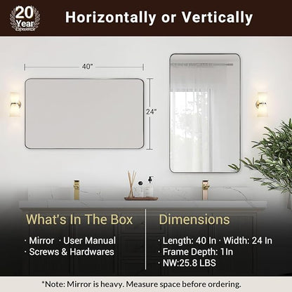 ANDY STAR Chrome Bathroom Mirror, 24”x40” Polished Nickel Rounded Corner Rectangle Mirror, Modern Metal Frame Bathroom Vanity Mirror
