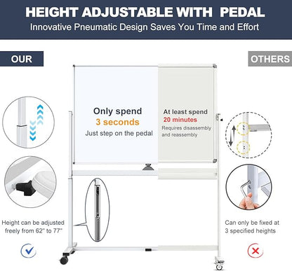 White Board on Wheels, 48 x 32 Inches Height-Adjustable Large Rolling Whiteboard, Mobile Magnetic Dry Erase Board with Stand, Double-Sided Standing Whiteboard for Office, Home, Classroom, School
