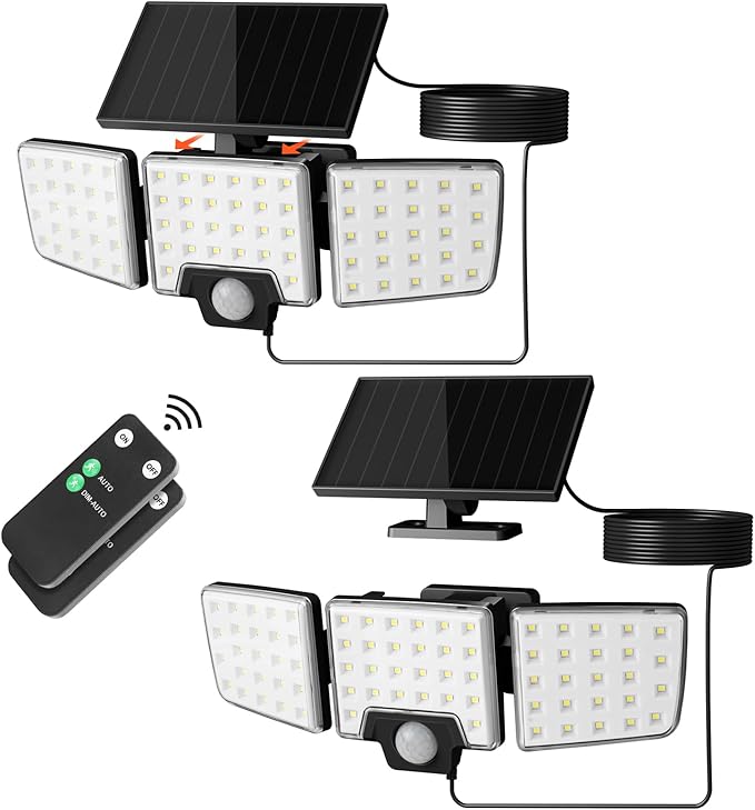 Lepro Solar Security Lights Outdoor Motion Sensor, 2 in 1 Separated and Integrated Remote Control IP65 Waterproof Solar Lights with 2 Light Modes, 3 Heads Floodlight for Garden Yard Garage