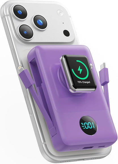 6 in 1 Magnetic Portable Charger for iPhone with Built-in Cables, 10800mAh 25W PD Fast Charging Power Bank, 6 Outputs Travel Essential Battery Pack for iPhone 17/16/15/14/13/12,Apple Watch (Purple)