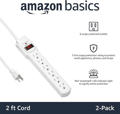Amazon Basics Surge Protector Power Strip, 6-Outlet with 200J Protection, 2ft Extension Cord, Rectangle, White (2 Pack)