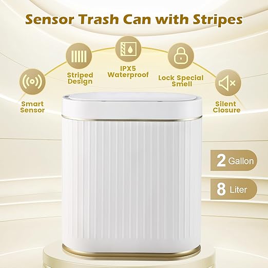 Bathroom Trash Can with Lid Automatic 2 Gallon Motion Sensor Garbage Bin, 7.5 Liter Smart Trash Bin Bathroom Decor, Plastic Garbage Can, Narrow Trash Can for Bedroom, Office, Living Room