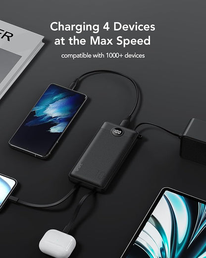 VRURC Portable Charger, 22.5W Slim Power Bank Fast Charging, 10000mAh USB C Portable Phone Charger, Compact Travel Battery Pack with Built-in Cables for iPhone 16 15 14 13, Samsung-Black(1 Pack)