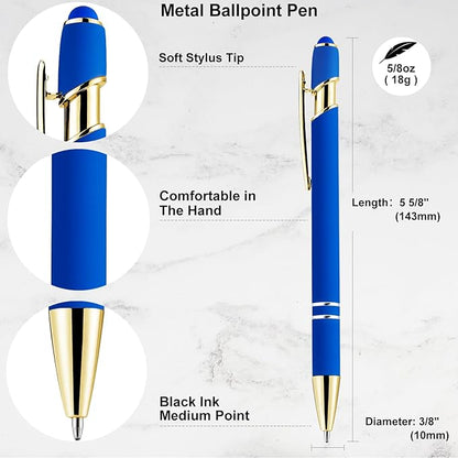 LINFANC 12 Pack Blue Gold Ballpoint Pen with Stylus Tip, 1.0 mm Black Ink Smooth Writing Pens, Metal Stylus Pens for Touch Screens