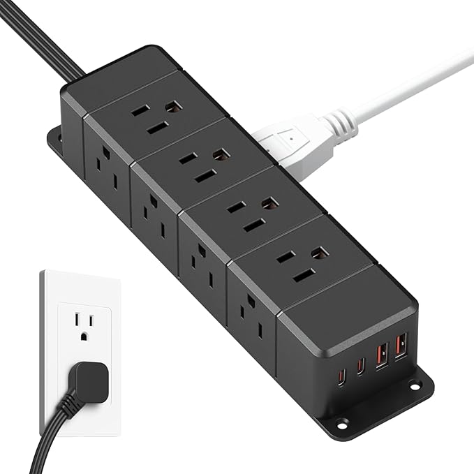 45W USB-C Fast Charging Under Desk Power Strip,12 Outlet Mountable Power Strip with 4 USB,1200J Surge Protection,6FT Flat Extension Cord Black