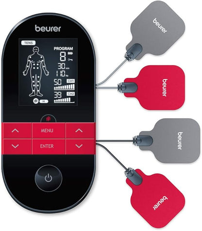 Beurer EM59 Digital 3-in-1 TENS Unit, EMS & Heat Therapy for Pain Relief & Relaxation, Muscle Stimulator with 2 Adjustable Channels, 64 Applications, Timer Function