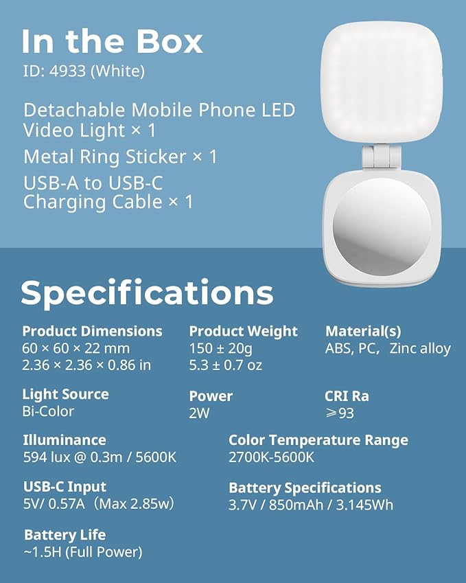SmallRig Magnetic Selfie Light for iPhone, Phone Light with a Mirror, Instant Attachment for MagSafe, for Selfies, Video Conference, Vibe P48 White
