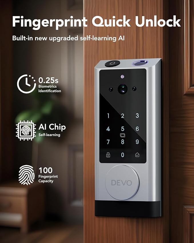 Devo G1 Video Smart Lock with Camera&Doorbell, 6-in-1 Keyless Entry Door Lock Deadbolt with Handle Set, App Remote, Fingerprint ID, Auto Locks, Built-in Wi-Fi Smart Deadbolt for Front Door