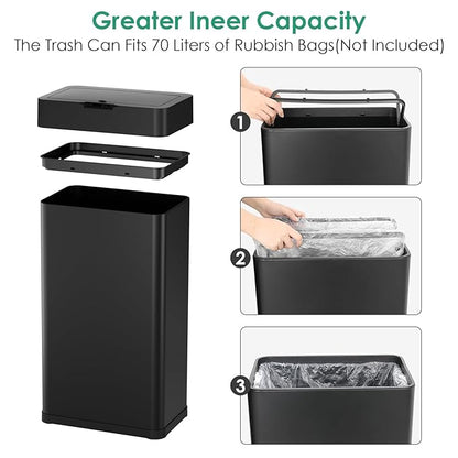 Arlopu Automatic Trash Can,Sensor Motion Stainless Steel Garbage Bin, Touchless Smart Waste Bin, W/Stay-Open, Soft Close Lid, Display Light for Kithchen, Living Room, Office (Black, 18.5gal)