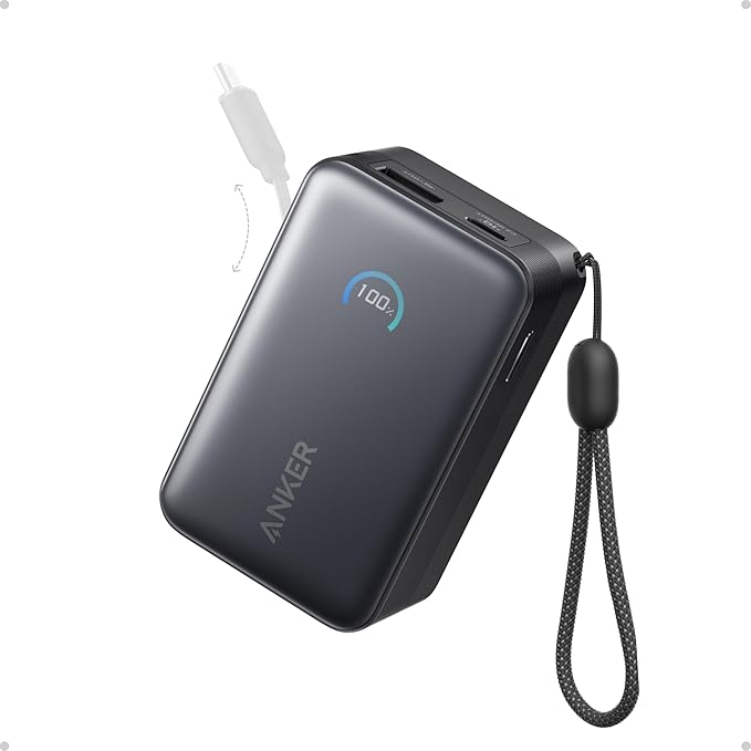 Anker Nano Portable Charger, 10,000mAh 45W Max Compact Power Bank, Travel Essential Phone Battery Pack with 2.3 ft InstaCord Retractable Cable for iPhone 17/16 Series, iPad, Galaxy, Pixel, and More