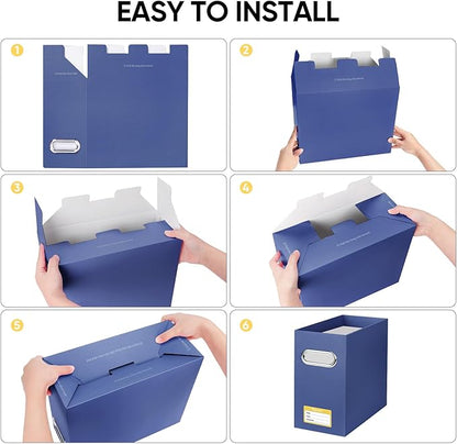 BALEINE File Organizer Box, Cardboard File Folder Organizer with Handle for Letter Size, Portable Collapsible Hanging Filing Box for Home Office Document Storage (4 Pack, Navy)