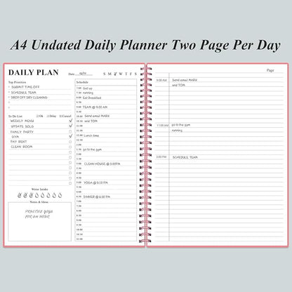 Daily Planner Undated - A4 To Do List Notebook Hourly Schedules, Spiral Appointment Planner for Women and Men,PVC Hardcover, Inner Pocket, Elastic Closure, 8.5" x 11", Pink