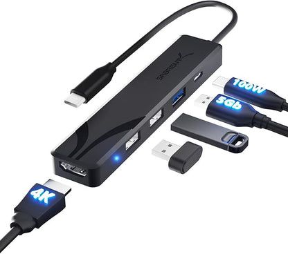 SABRENT USB C Hub, USB C to HDMI 4K@60Hz, Type C Hub Multiport Adapter, 100W Power Delivery, Compatible with MacBook, Laptop (HB-TC5P)