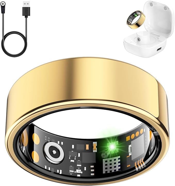 Smart Health Ring for Women Men, Fitness Tracker Ring with Heart Rate, Blood Oxygen, Sleep Tracker, Step Tracker, No Subscription Fee, IP68 Waterproof Smart Ring for iPhone & Android (Gold, 11#)