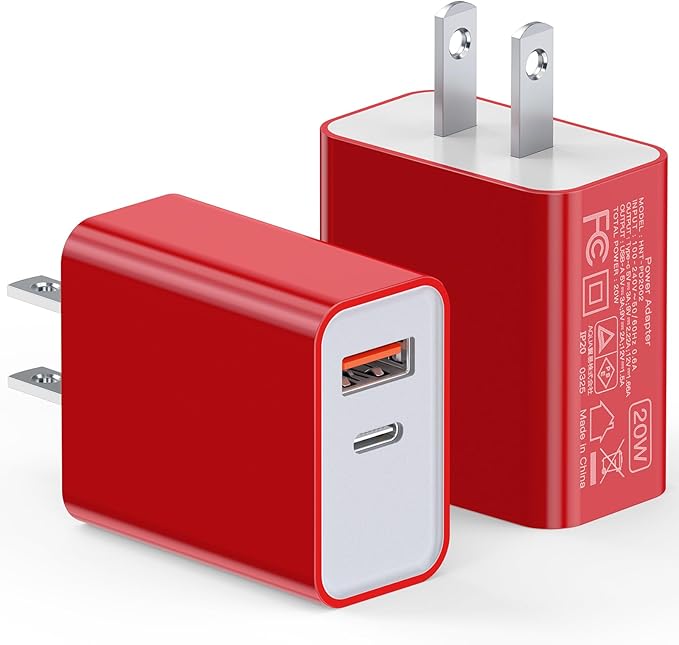 2Pieces USB C Wall Charging Block, 20W 2Port Fast USBC PD3.0 Power Adapter Type C Charger Brick Cube Plug for iPhone 13 14 15 16 17 Pro Max Mini 11 XS X 8, iPad, Samsung, Google, Tablet, Android, Red