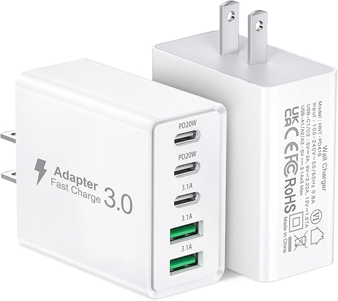 2Pack USB C Fast Charger Block,60W 5-Port USB Wall Charger Brick,2 USB A & 3 USB C PD3.0 Power Adapter Multiport Type C Charging Plug for iPhone 17/16/15/14,Pad Mini/Pro,AirPods 4,GalaxyS25(White)
