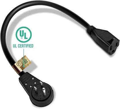 Nekteck 360° Rotating Flat Plug Extension Cord 1 Foot, 14AWG 3 Prong Extension Cord, Low Profile Right Angle Power Cord, Flat Extension Cord Grounded Wire, 15A- UL Certified, Black