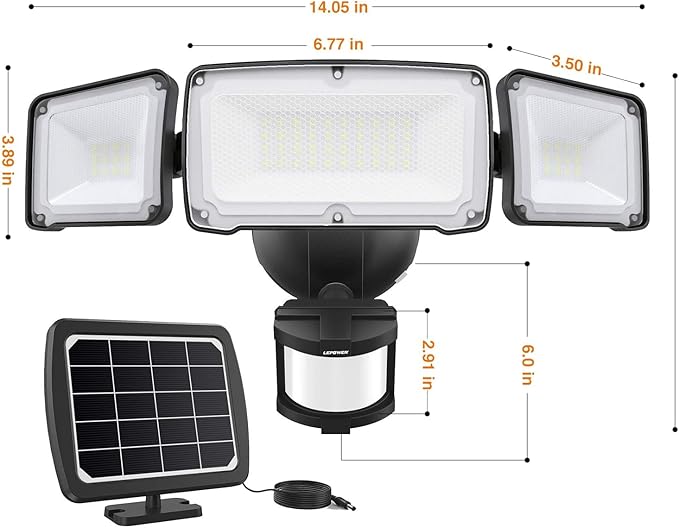 LEPOWER 1600LM LED Solar Security Lights Motion Outdoor, 5500K White Light, IP65 Waterproof Outdoor Flood Solar Light for Yard, Garage（Black）