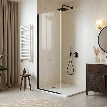 Yana Frameless Shower Door Screen, Fixed Shower Door Panels 3/8" Thick Tempered Glass, Water Repellent, Reversible Shower Wall Panel with Matte Black Finish 24" x 76"