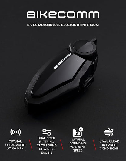 BIKECOMM BK-S2 Motorcycle Bluetooth Headset Intercom – 1200M Range Wireless Speakers - Helmet Communication System, IP67, Black, Twin Pack