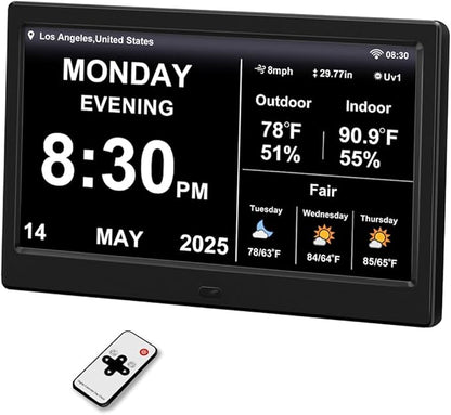 2025 Digital Clock with Weather Forecast & Temperature/Humidity Large Display,Auto Time Sync, Custom Alarms & Medication Reminders, Elderly Memory Loss (Black, 10.1 Inch)
