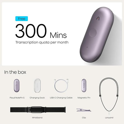 Plaud NotePin S AI Voice Recorder, Wearable AI Notetaker, AI Transcribe & Summarize, Support 112 Languages, 64GB Memory, Audio Recorder for Meetings Interviews with 4 Accessories, Purple