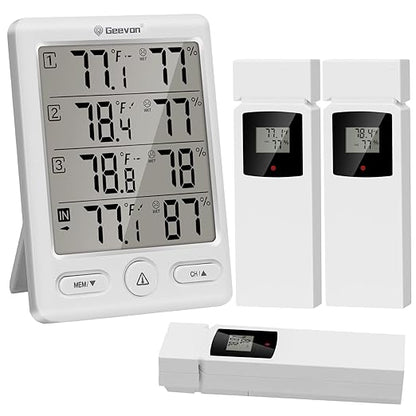 Geevon Indoor Outdoor Thermometer Wireless with 3 Remote Sensors, Digital Hygrometer Indoor Thermometer, Temperature Humidity Monitor Gauge with 200FT/60M Range (White)